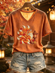 Frauen Fox Maple Laterne Japanische Folklore Kunstdruck Kurzarm T-Shirt