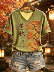 Damen Herbst bäume Japanischer Kunstdruck Kurzarm T-Shirt