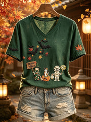 Damen Calico Cat Mummy Japanischer Herbst Halloween Print Kurzarm T-Shirt