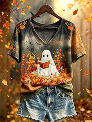 Frauen Herbst Thema Muster gedruckt lässig Kurzarm T-Shirt