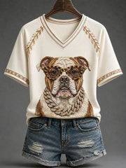Damen-Glam-T-Shirt mit Bulldoggen-Print für den Alltag