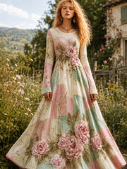 Retro Blumenmuster lässiges Baumwoll leinen bequemes Kleid