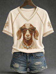 Damen-Western-Glam-T-Shirt mit Ziegen-Print, lässig