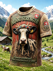 Herren-Retro-Casual-T-Shirt mit 3D-Druckmotiv Schweizer Alpen – Viehhüten