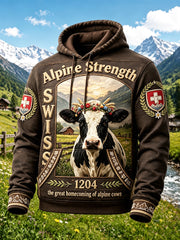 Herren-Kapuzenpullover in Braun mit Schweizer Alpen-Rindermuster, lässig geschnitten