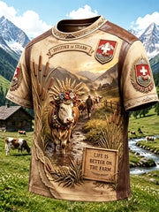 Herren-Casual-T-Shirt mit Retro-Patchwork-Print im Schweizer Alpen-Hirtenstil