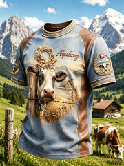 Herren-T-Shirt in Blau mit Patchwork-Print im Stil der Schweizer Alpen – lässig und tierisch charmant