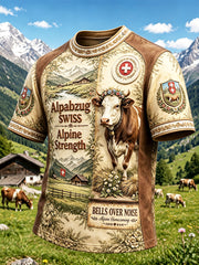 Herren-Retro-Casual-T-Shirt mit Patchwork-Print im Schweizer Alpen-Hirtenstil
