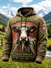 Herren-Retro-Sweatshirt mit Kapuze und Kuhhirten-Print im Schweizer Alpenstil