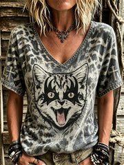 Rockband für Frauen – T-Shirt mit Katzen-Rock-Style-Print und kurzen Ärmeln