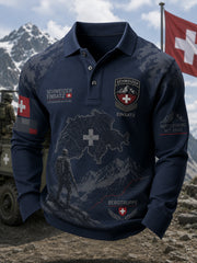 Herren-Vintage-Camouflage-Poloshirt im Militärstil mit Raglanärmeln und Langarm