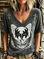 Rockband für Frauen – T-Shirt mit Katzen-Rock-Style-Print und kurzen Ärmeln