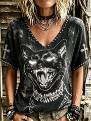 Rockband für Frauen – T-Shirt mit Katzen-Rock-Style-Print und kurzen Ärmeln