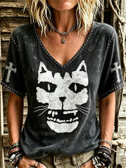 Rockband für Frauen – T-Shirt mit Katzen-Rock-Style-Print und kurzen Ärmeln