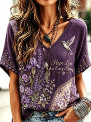 Damen-Retro-Linien-T-Shirt mit lila Blumen- und Kolibri-Print, kurze Ärmel