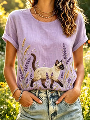 Damen-T-Shirt aus Leinen mit süßem Katzen- und Lavendel-Print, kurze Ärmel