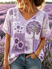 Frauen-Alzheimer-Bewusstseins-Unterstützung Patchwork-Kunstdruck Leinen-T-Shirt mit kurzen Ärmeln