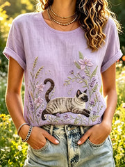 Damen-T-Shirt aus Leinen mit Siamesekatzen- und Lavendel-Print, kurzärmelig