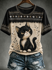 Damen-T-Shirt mit niedlichem Katzen-Print und kurzen Ärmeln