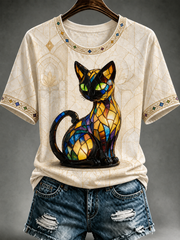 Damen-T-Shirt mit niedlichem Katzen-Print und kurzen Ärmeln