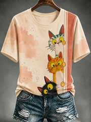 Damen-T-Shirt mit niedlichem Katzen-Print und kurzen Ärmeln