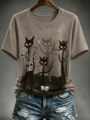 Damen-T-Shirt mit niedlichem Katzen-Print und kurzen Ärmeln