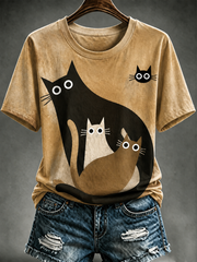 Damen-T-Shirt mit niedlichem Katzen-Print und kurzen Ärmeln