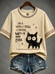 Damen-T-Shirt mit niedlichem Katzen-Print und kurzen Ärmeln