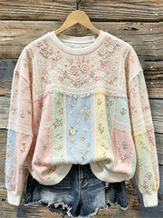 Bequemes Damen-Sweatshirt im Vintage-Stil mit floralem und Spitzen-Patchwork-Print