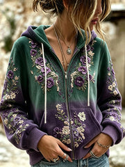 Damen-Vintage-Boho-Kapuzenpullover mit Stiefmütterchen-Druck und Farbverlauf, mit Reißverschluss für zusätzlichen Komfort