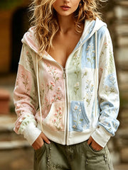 Weiblicher Vintage-Komfort-Kapuzenpullover mit Blumen- und Spitzen-Patchworkmuster sowie Reißverschluss