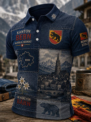 Herren-Poloshirt mit kurzen Ärmeln und Vintage-Print im Stil eines Städte-Souvenirs