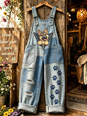 Damenhose mit Tier- und Hundemotiven, Reißverschlüssen und aufgedrucktem Kunstdesign
