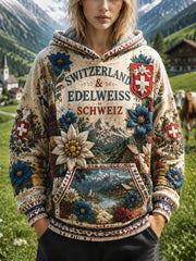Damen-Vintage-Schweizerflagge Blumen-Patchwork-Print Freizeit-Kapuzenpullover