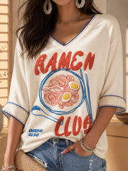 Damen-T-Shirt aus Leinen mit japanischem Ramen-Kunstdruck