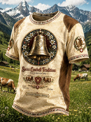 Herren-T-Shirt im Patchwork-Design mit Motiv des Schweizer Alpenfestivals „Die Kühe kehren in die Berge zurück“ – lässiger Stil