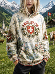 Damen-Kapuzenpullover mit schweizerischer Flagge und floralem Print, lässig geschnitten