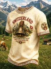 Herren-Casual-T-Shirt mit Aufdruck zum Schweizer Alpen-Fest „Die Kühe kehren in die Berge zurück“