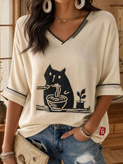Damen-T-Shirt aus Leinen mit japanischer Katzen-Ramen-Kunst-Print