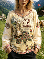 Damen-T-Shirt aus Baumwolle-Leinen mit V-Ausschnitt und Aufdruck zum Schweizer Alpen-Fest „Die Kühe kehren in die Berge zurück“