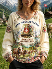 Damen-Vintage-T-Shirt aus Baumwoll-Leinen mit Alpenmotiv „Hirten kehren von den Bergen zurück“ und V-Ausschnitt
