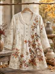 Damen-Herbst-Bluse im Vintage-Stil mit Knöpfen und A-Linie aus Leinen