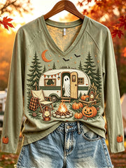 Damen Halloween Ghost Herbst RV Camping Print lang ärmel iges T-Shirt