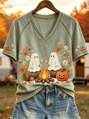 Damen-Halloween-Geister Herbst Camping Kurzarm-T-Shirt mit Blumen druck