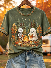 Damen Halloween Geist & Skelett Herbst Camping Wald Print Kurzarm T-Shirt