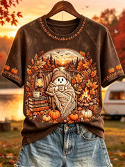 Damen Cosy Vibes Halloween Ghost Herbst Camping Print Kurzarm T-Shirt