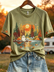 Damen Halloween Ghost Fishing Herbst Camping Wald Print Kurzarm T-Shirt