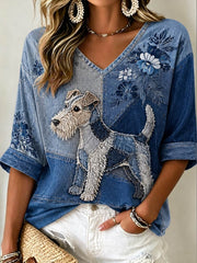 Damen-Wire-Fox-Terrier-Mittellanges T-Shirt mit V-Ausschnitt und langen Ärmeln