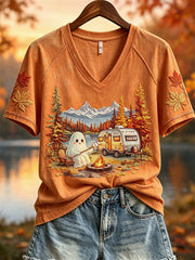 Damen Halloween Ghost RV Camping Herbst Landschaft Druck Kurzarm T-Shirt