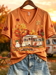 Damen-Halloween-Geister-Motiv mit Wohnmobil und Herbstlandschaft – Kurzarm-T-Shirt